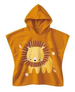 Pomarańczowe ponczo kąpielowe z kapturem z nadrukiem lwa dla dzieci 2-5 lat. Sassi Okrycie kąpielowe z kapturem 100% cotton Lew 2–5 l