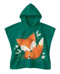 Zielone ponczo kąpielowe z kapturem z nadrukiem rudego liska dla dziecka 2-5 lat. Sassi Okrycie kąpielowe z kapturem 100% cotton Lisek 2–5 l
