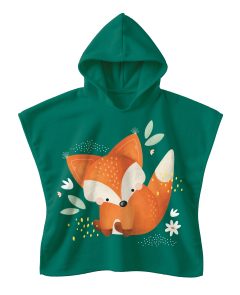 Zielone ponczo kąpielowe z kapturem z nadrukiem rudego liska dla dziecka 2-5 lat. Sassi Okrycie kąpielowe z kapturem 100% cotton Lisek 2–5 l