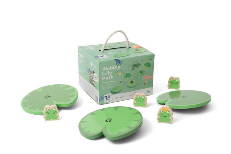 Drewniana gra zręcznościowa zbieraj żabki z elementami w kształcie liści dla dzieci. BS Toys drewniana gra sensoryczna Zbieraj żabki