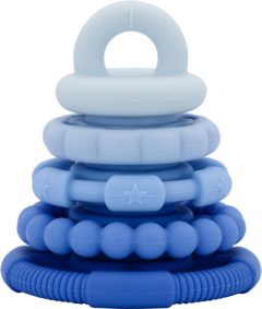 Silikonowa piramida z pięcioma niebieskimi krążkami gryzakami dla niemowląt. Jellystone Silikonowa piramida zestaw 5 gryzaków krążki BLUEBERRY 0+