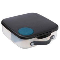 Śniadaniówka plastikowa z czarną pokrywką i niebieskim przyciskiem dla dziecka. b.box Lunchbox Night Vision