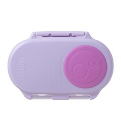 Fioletowy pojemnik na przekąski z okrągłym różowym zamknięciem dla dziecka. b.box Snackbox Pojemnik na przekąski Sugar Plum