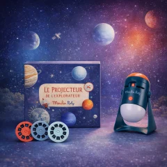 Lampka projektor bajek z wymiennymi dyskami z motywami kosmosu dla dziecka. Moulin Roty Lampka projektor 2 w 1 ODKRYWCA