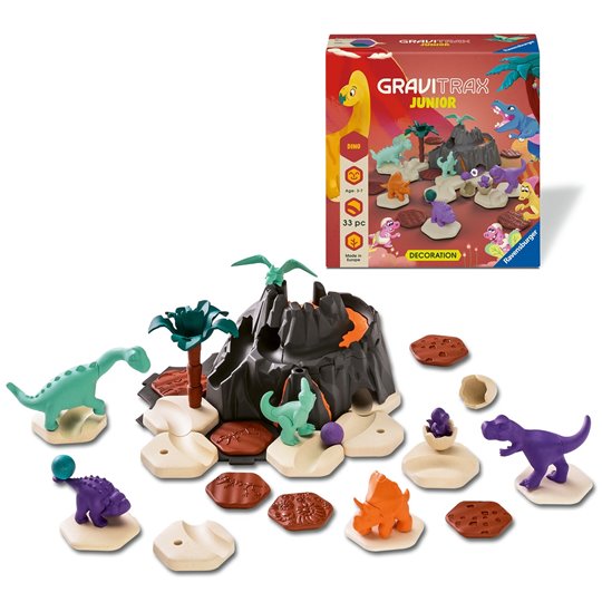 Zestaw uzupełniający do kulodromu z figurkami dinozaurów i elementami terenu dla dzieci. GraviTrax Junior Zestaw Uzupełniający Dinozaury Dino 33el 33 szt