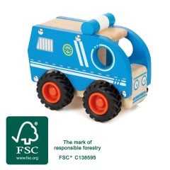 Drewniany niebieski samochód policyjny na czterech dużych kołach dla dziecka. Small Foot Pojazd Samochód policyjny