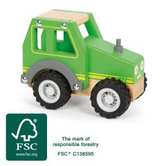 Drewniany zielony traktor zabawkowy z czarnymi kołami dla dzieci. Small Foot Pojazd Traktor