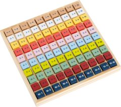 Drewniana tablica do nauki mnożenia z kolorowymi kwadratami i działaniami matematycznymi dla dzieci. Small Foot Tablica do nauki mnożenia Educate