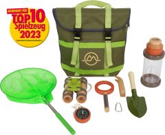 Zestaw do odkrywania z zieloną siatką na owady, lornetką, kompasem, łopatką, pęsetą, lupą i bidonem dla dziecka z zielonym plecakiem. Small Foot Plecak odkrywcy