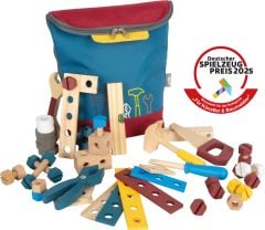 Plecak z narzędziami drewnianymi do majsterkowania dla dzieci kolor niebieski z czerwonym wykończeniem. Small Foot Plecak z narzędziami Workshop