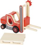 Drewniany wózek widłowy czerwono-szary z paletą zabawka dla dzieci. Small Foot Pojazd Wózek widłowy z paletą