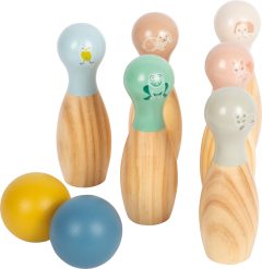 Drewniane kręgle ogrodowe z kolorowymi główkami i nadrukami zwierzątek dla dzieci z dwoma piłkami. Small Foot Gra Kręgle ogrodowe Garden Buddies