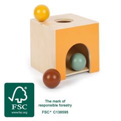 Drewniane pudełko z kulkami w kolorze żółtym, brązowym i zielonym do sortowania dla dzieci. Small Foot Montessori Pudełko z kulkami