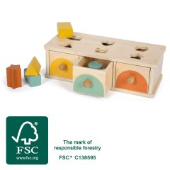 Drewniany sorter kształtów i kolorów z trzema szufladami dla dzieci Montessori. Small Foot Montessori sorter kształtów i kolorów