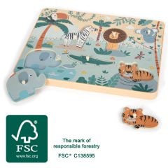 Drewniana układanka safari z odgłosami zwierząt dla dzieci z elementami słonia tygrysa lwa zebry i krokodyla. Small Foot Puzzle z odgłosami zwierząt Safari