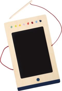 Drewniany tablet do rysowania z czarnym ekranem i kolorowymi kropkami dla dzieci z rysikiem na sznurku. Small Foot Tablica LCD do pisania i rysowania Educate