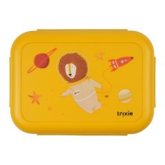 Żółty pojemnik na lunch z klipsami z nadrukiem kosmonauty lwa dla dziecka. Trixie Pojemnik na lunch z klipsami – Kosmonauta Lew Baby