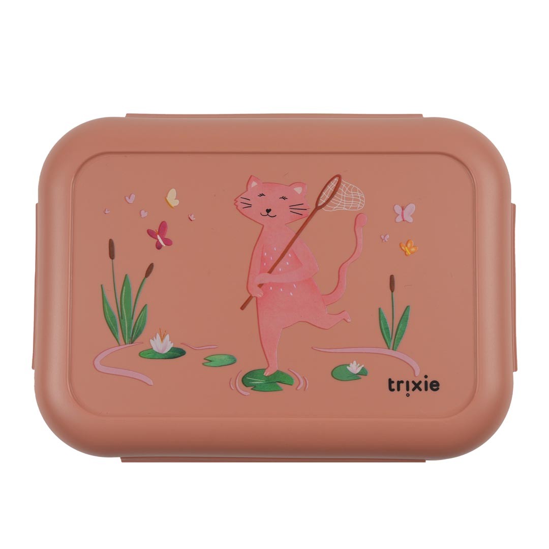Mały pojemnik na lunch w kolorze brudnego różu z ilustracją kota i roślin dla dziecka. Trixie Pojemnik na lunch z klipsami – Mały Odkrywca Kot Baby
