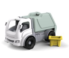 Biało-szara plastikowa ciężarówka śmieciarka z żółtym koszem dla dzieci powyżej 3 lat. Dantoy Auto ciężarowe śmieciarka z koszem 3+