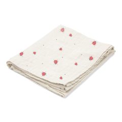 Muślinowa pieluszka wielorazowa kremowa w czerwone biedronki dla niemowlaka. Vanilla Copenhagen Kocyk pieluszka muślinowa Swaddle Ladybug 100×100