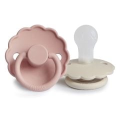 Dwa smoczki uspokajające silikonowe w kształcie kwiatu kolor różowy i kremowy dla niemowląt 0-6 miesięcy. FRIGG Daisy Smoczek uspokajający 2-pak silikon Blush / Cream 0-6M
