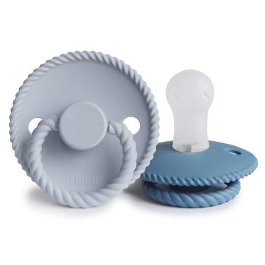Smoczek uspokajający silikonowy niebieski dla niemowląt 0-6 miesięcy 2 sztuki. FRIGG Rope Smoczek uspokajający 2-pak silikon Powder Blue / 0-6M