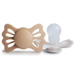 Symetryczny smoczek silikonowy beżowy i przezroczysty dla niemowląt 6-18 miesięcy 2 sztuki. FRIGG Lucky Smoczek symetryczny 2-pak silikon Silky Satin / 6-18M