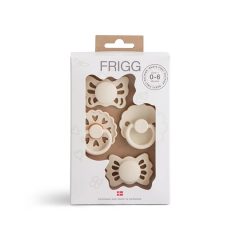 Zestaw 4 smoczków uspokajających dla niemowląt w kolorze beżowym z motywem kwiatowym i serca do 6 miesięcy. FRIGG Zestaw startowy: 4 smoczki uspokajające Floral Heart Crea