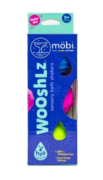 Zestaw trzech sensorycznych piłeczek do kąpieli w kolorach niebieskim różowym i zielonym dla niemowląt. Mobi Games Wooshlz Sensoryczne Piłeczki do Kąpieli