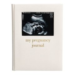 Dziennik ciąży z okładką w kolorze kremowym z nadrukiem zdjęcia USG i napisem my pregnancy journal. Pearhead Dziennik Ciąży