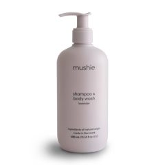 Butelka szamponu i żelu do mycia ciała dla niemowląt o zapachu lawendy 400 ml z pompką. Mushie Szampon i żel do mycia ciała dla niemowląt Lavender 400ml 400 ml