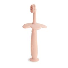 Różowa szczoteczka do zębów dla niemowląt z ochronną osłonką w kształcie kwiatka. Mushie Szczoteczka do Zębów dla Niemowląt Flower Blush