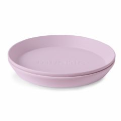 Okrągły talerzyk dla dzieci w kolorze jasny fioletowy miękki materiał. Mushie Talerzyki dla dzieci okrągłe 2-pak Soft Lilac