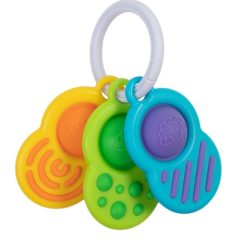 Zestaw trzech sensorycznych gryzaków w kształcie bąbelków na białej zawieszce dla niemowlaka. Fat Brain Toy Co. Sensoryczne Bąbelki Dimpl na Zawieszce
