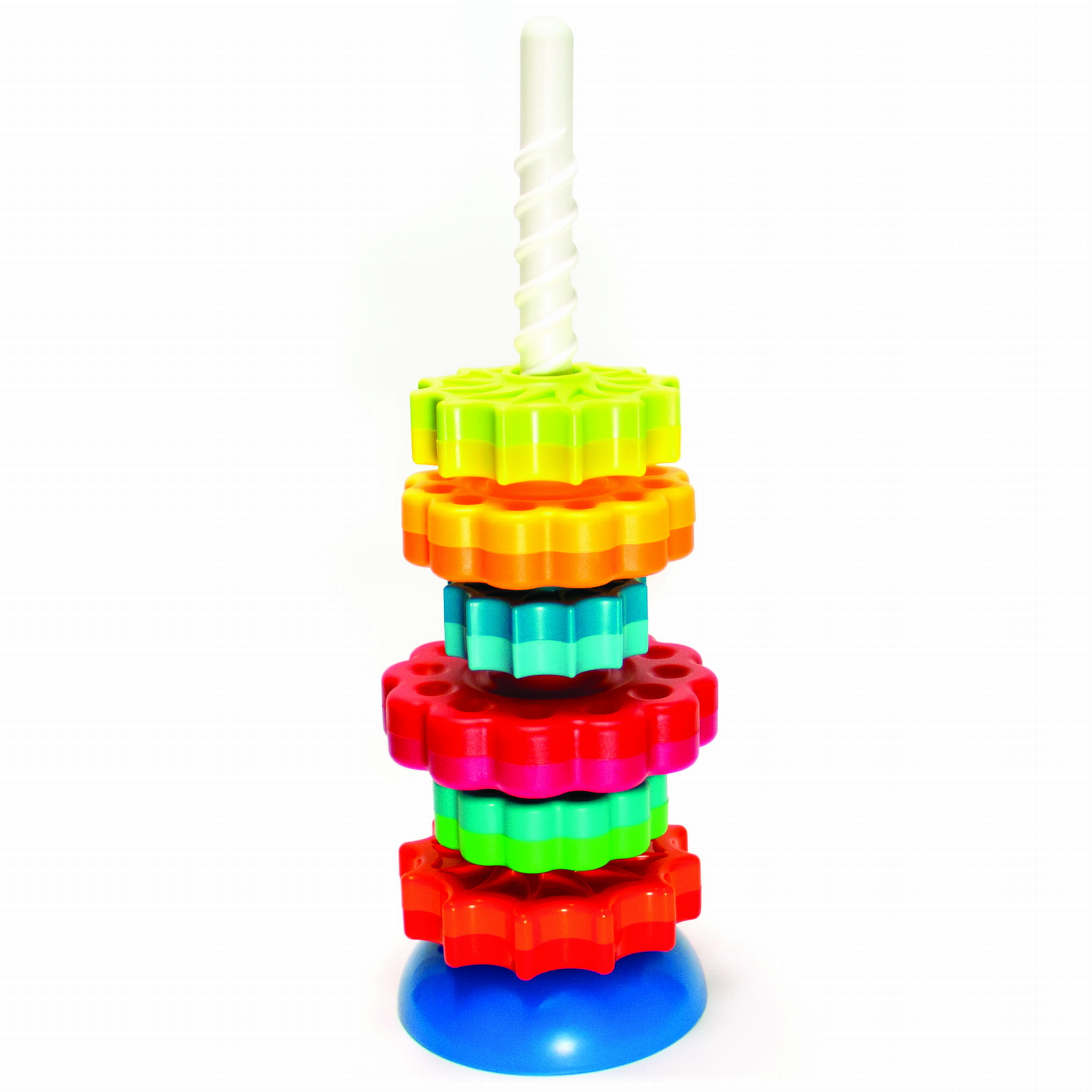 Kolorowa wieża z obracającymi się klockami 3D na białym tle dla dzieci. Fat Brain Toy Co. Zakręcona Wieża SpinAgain