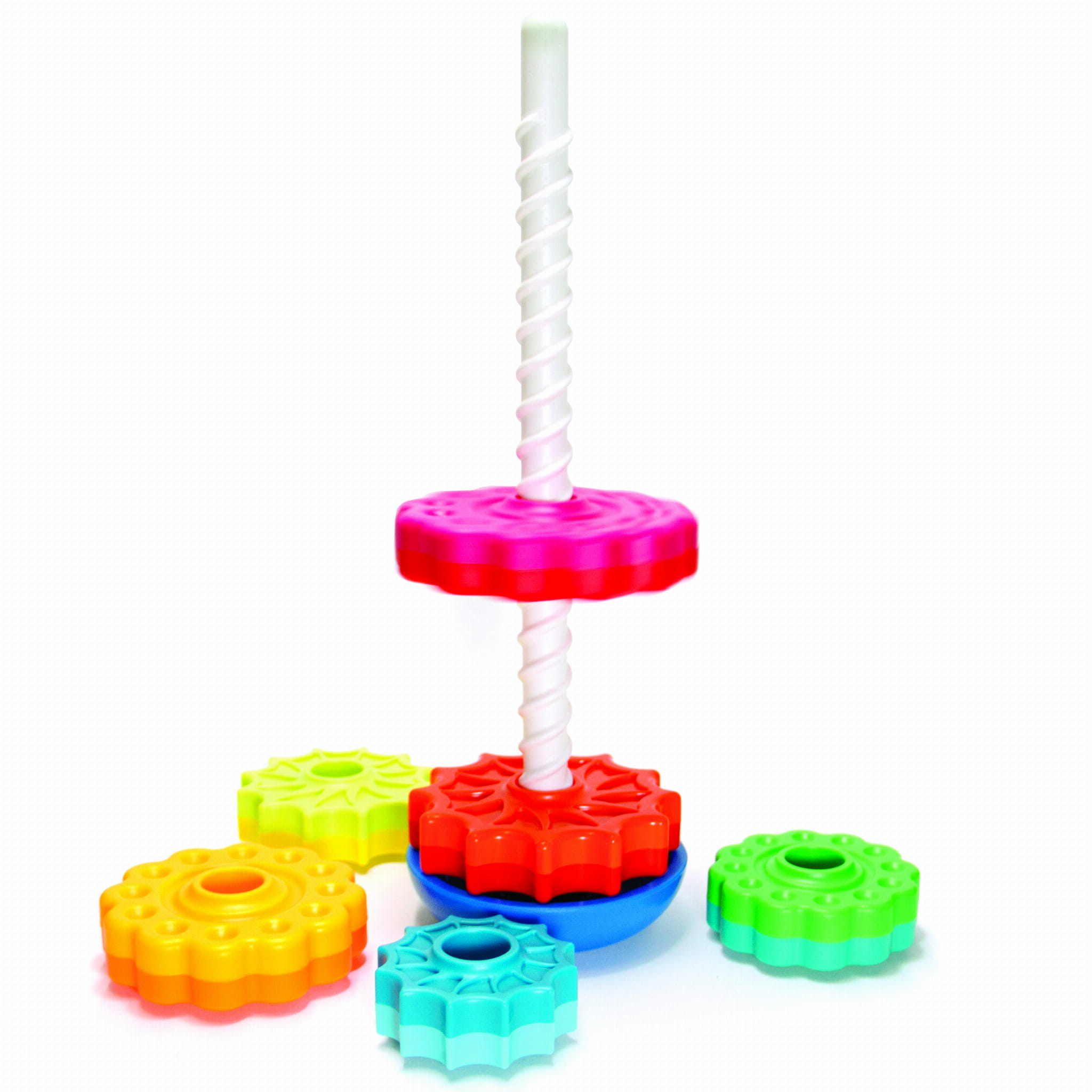 Klocki 3D kolorowe koła do układania na białej osi dla dzieci. Fat Brain Toy Co. Zakręcona Wieża SpinAgain