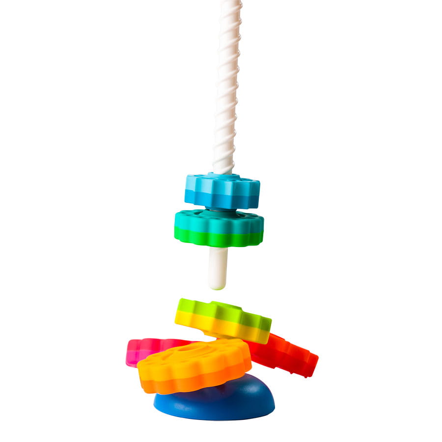 Kolorowe klocki 3d w kształcie zębatek na sznurku do układania dla dzieci. Fat Brain Toy Co. Zakręcona Wieża SpinAgain