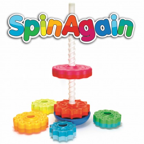 Kolorowe plastikowe klocki 3d w kształcie zębatek na sznurku do układania i zabawy dla dzieci. Fat Brain Toy Co. Zakręcona Wieża SpinAgain