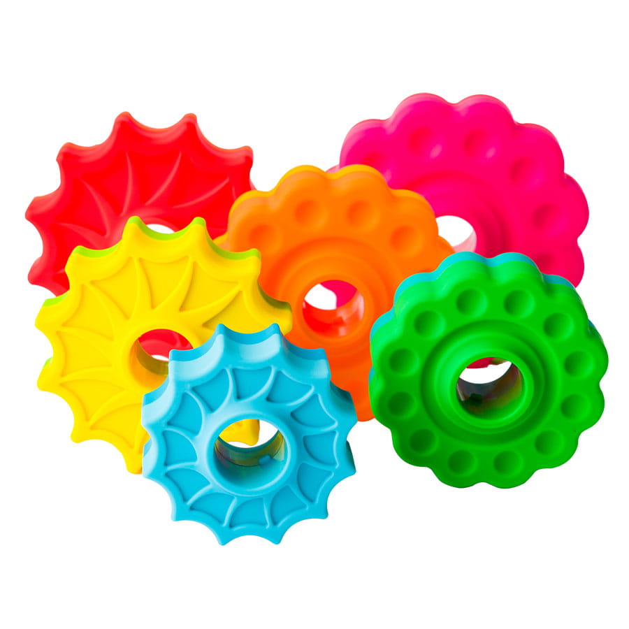 Kolorowe plastikowe klocki 3D w kształcie zębatych kół dla dzieci. Fat Brain Toy Co. Zakręcona Wieża SpinAgain