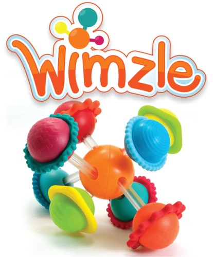 Kolorowa grzechotka sensoryczna z kulkami i obracanymi elementami dla dziecka. Fat Brain Toy Co. Grzechotka Wimzle Sensoryczna Przygoda
