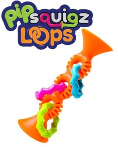 Pomarańczowa grzechotka z przyssawkami z kolorowymi elementami dla niemowlaka. Fat Brain Toy Co. Bobo Przyssawki Grzechotka Pomarańczowa PipSquigz Loops