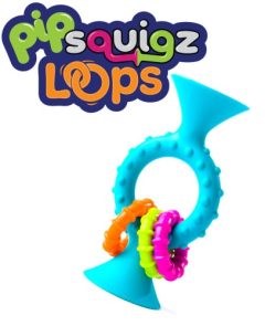 Niebieska grzechotka z przyssawkami z kolorowymi pierścieniami dla niemowlaka. Fat Brain Toy Co. Bobo Przyssawki Grzechotka Niebieska PipSquigz Loops