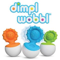 Zestaw trzech wańka wstańka z bąbelkami w kolorach pomarańczowym niebieskim i zielonym dla niemowląt. Fat Brain Toy Co. Bąbelki Dimpl Gryzak Wańka Wstańka Niebieski
