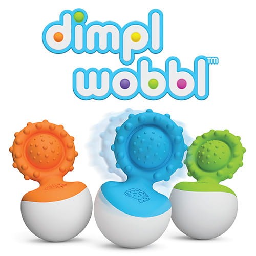 Zestaw trzech wańka wstańka z bąbelkami w kolorach pomarańczowym niebieskim i zielonym dla niemowląt. Fat Brain Toy Co. Bąbelki Dimpl Gryzak Wańka Wstańka Niebieski