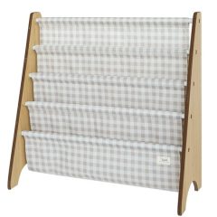 Stojak na książki z beżową kratką materiałową częścią i drewnianymi bokami dla dzieci. 3 Sprouts Stojak na Książki Recycled Gingham Beige