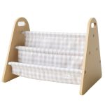 Stojak na książki dla dzieci z beżowym materiałem w kratę i drewnianymi bokami przenośny. 3 Sprouts Stojak na Książki dla Dzieci Przenośny Gingham Beige