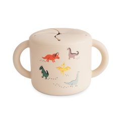 Kubek na przekąski dla dzieci beżowy z kolorowymi dinozaurami z dwoma uchwytami i zamknięciem silikonowym. Mushie Kubek na Przekąski dla Dzieci 400ml Dino Dinozaur 400 ml