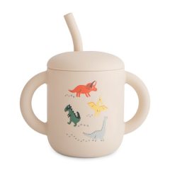 Kubek ze słomką dla dziecka beżowy z kolorowymi dinozaurami i dwoma uchwytami 175 ml. Mushie Kubek ze słomką 175ml Dino Dinozaur 175 ml