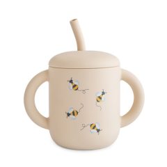 Kubek dla dziecka z dwoma uchwytami i słomką beżowy z motywem pszczół. Mushie Kubek ze słomką 175ml Bees 175 ml