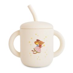 Kubek ze słomką kremowy z uchwytami i nadrukiem myszy dla dziecka. Mushie Kubek ze słomką 175ml Fairy Mice 175 ml